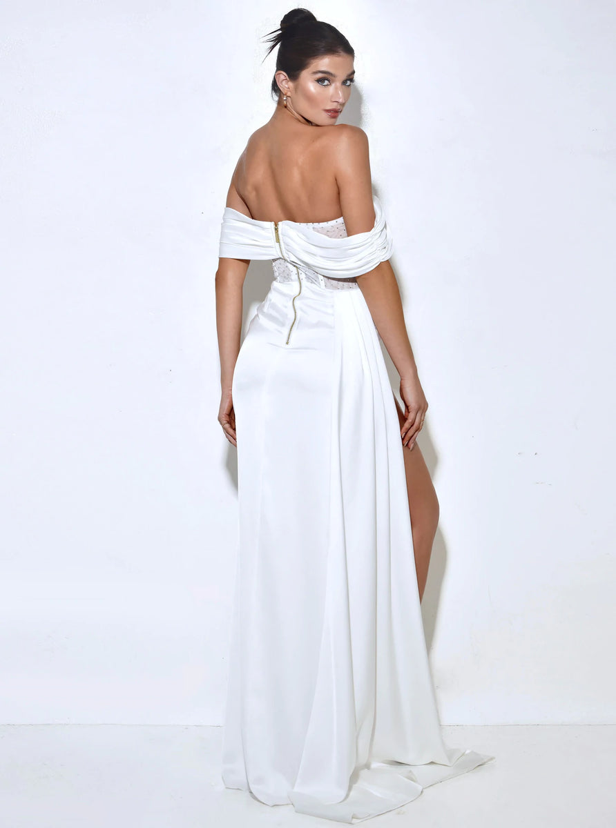 Norma White Off Shoulder Crystallized Corset Satin Gown – THE