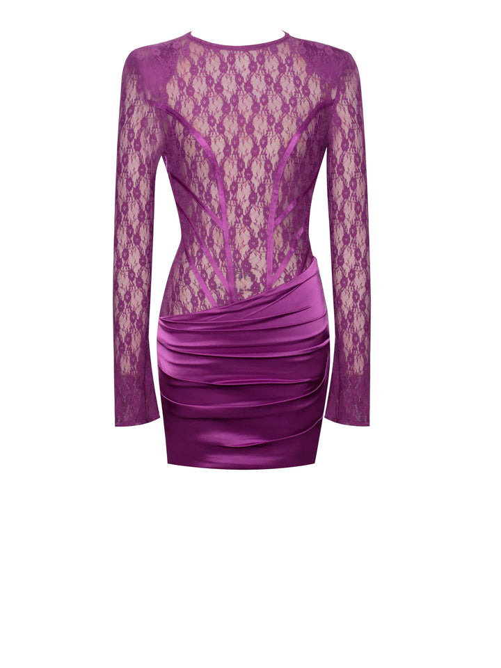 open lace back dress Quartney Purple Long Sleeve Lace Satin Mini Dress – THE DRESSING ROOM