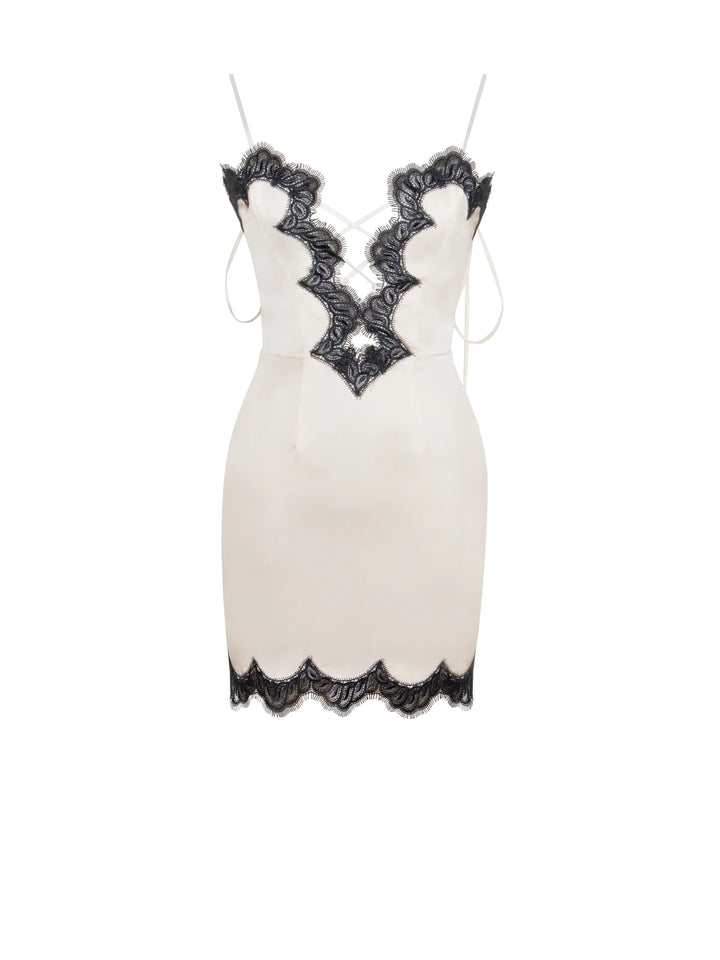 Gamila Beige Satin Lace Trim Mini Dress THE DRESSING ROOM Gamila Beige Satin Lace Trim Mini Dress THE DRESSING ROOM