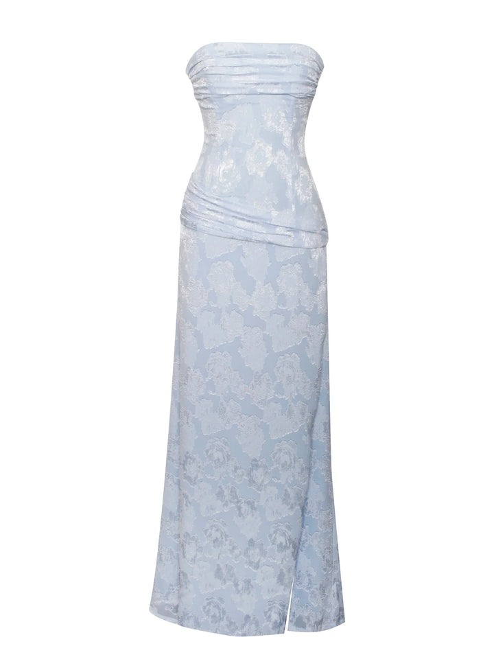 Xatia Blue Jacquard Textured High Slit Maxi Dress THE DRESSING ROOM Xatia Blue Jacquard Textured High Slit Maxi Dress THE DRESSING ROOM