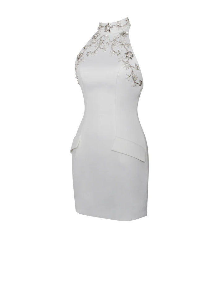 Ori White Halter Neck Crystal Pearl Mini Dress Ori White Halter Neck Crystal Pearl Mini Dress