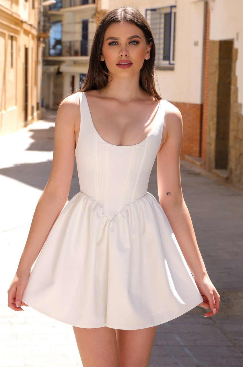 white designer mini dress Darling Mini length Sleeveless Lace Up Front Color:Black/Rose Gold Week 32 Sync Strapless dress