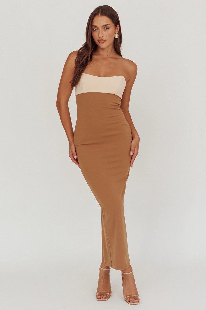 camel maxi dress Two Tone Knit and a maxi length Color:Solid Dark Coffee Bronx And Banco Daphne dressy basics