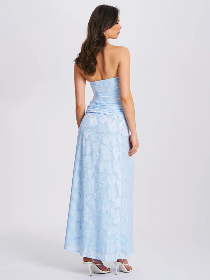 Xatia Blue Jacquard Textured High Slit Maxi Dress THE DRESSING ROOM Xatia Blue Jacquard Textured High Slit Maxi Dress THE DRESSING ROOM