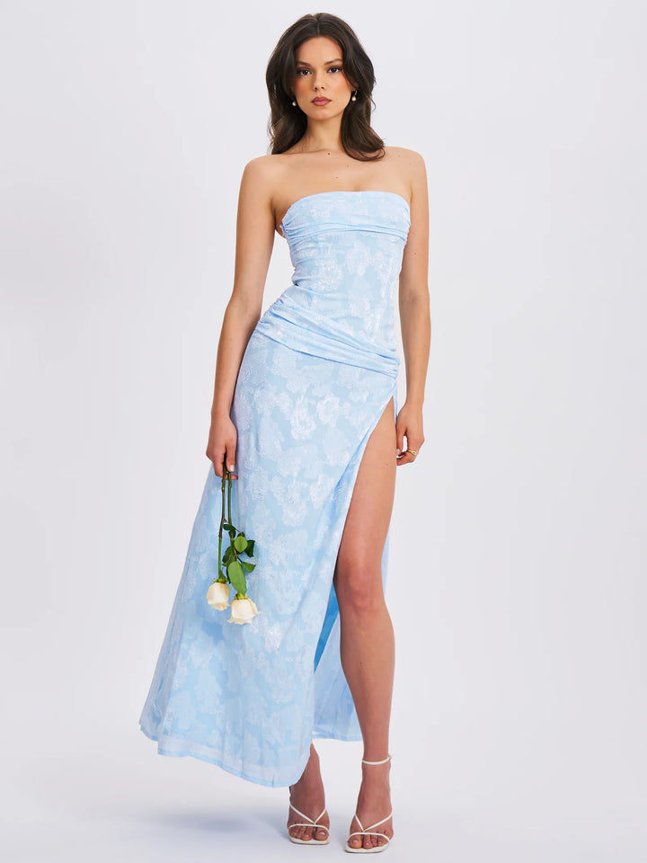 xatia off white jacquard textured high slit maxi dress Xatia Off White Jacquard Textured High Slit Maxi Dress