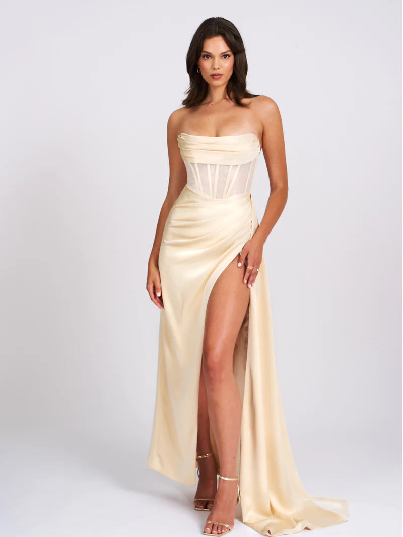 SALE - Prisa Egg White High Slit Satin Corset Gown THE DRESSING ROOM SALE - Prisa Egg White High Slit Satin Corset Gown THE DRESSING ROOM