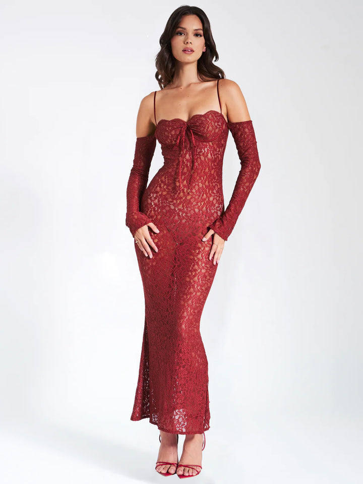 Miss Circle Women Udaya Burgundy Lace Long Sleeve Maxi Dress