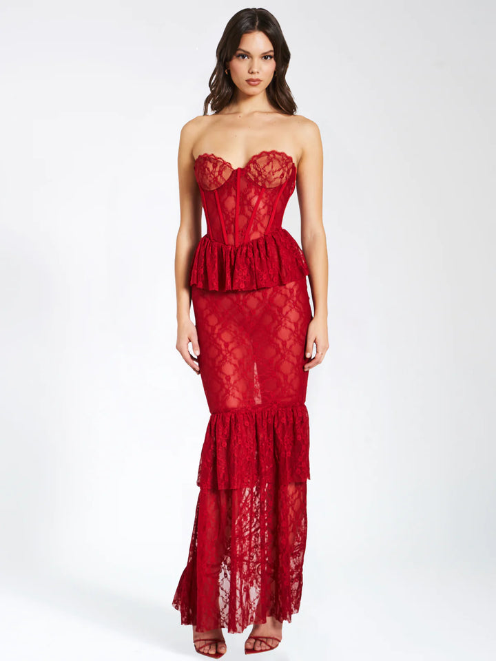 Quennell Red Lace Corset Maxi Dress