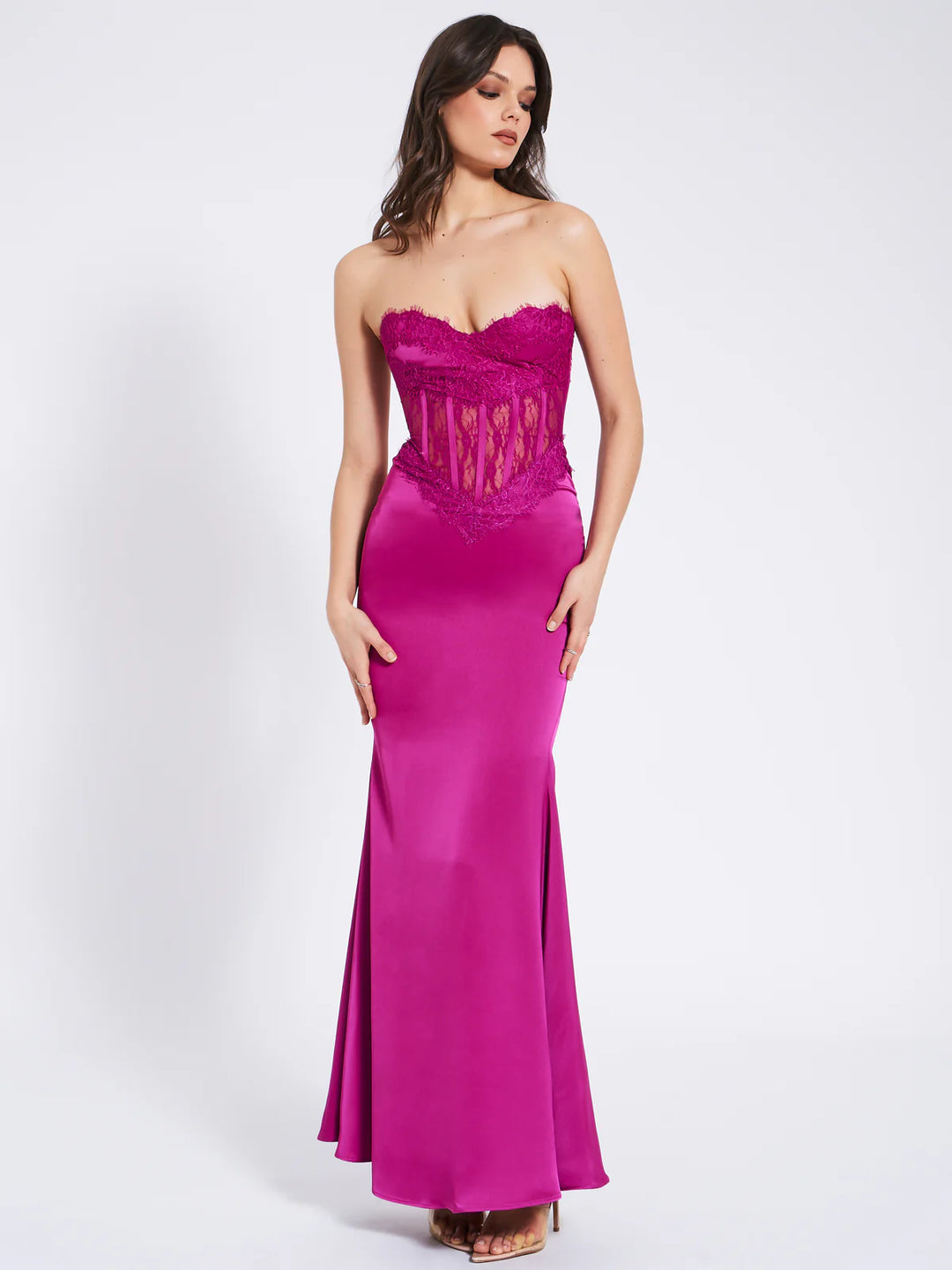 SALE Everleigh Fuchsia Lace Satin Corset Maxi Dress THE DRESSING ROOM