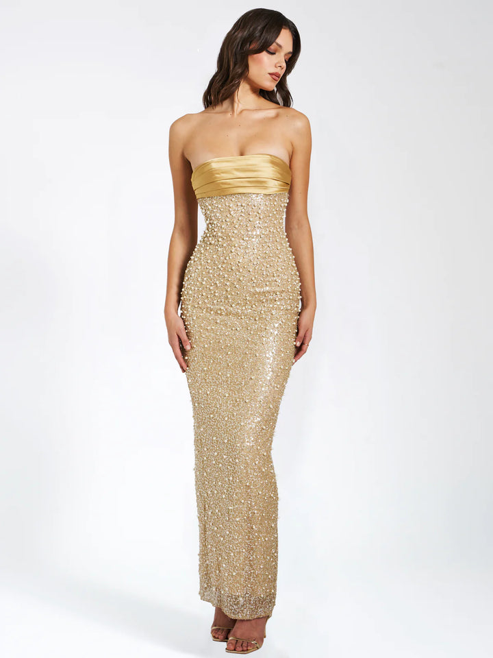 Lainey Gold Satin Sequin Pearls Beaded Maxi Dress THE DRESSING ROOM Lainey Gold Satin Sequin Pearls Beaded Maxi Dress THE DRESSING ROOM