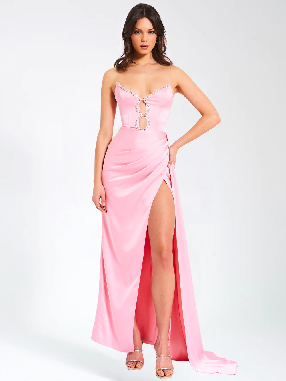 SALE - Marilyn Pink Satin Crystal Embellished High Slit Gown THE DRESSING ROOM SALE - Marilyn Pink Satin Crystal Embellished High Slit Gown THE DRESSING ROOM
