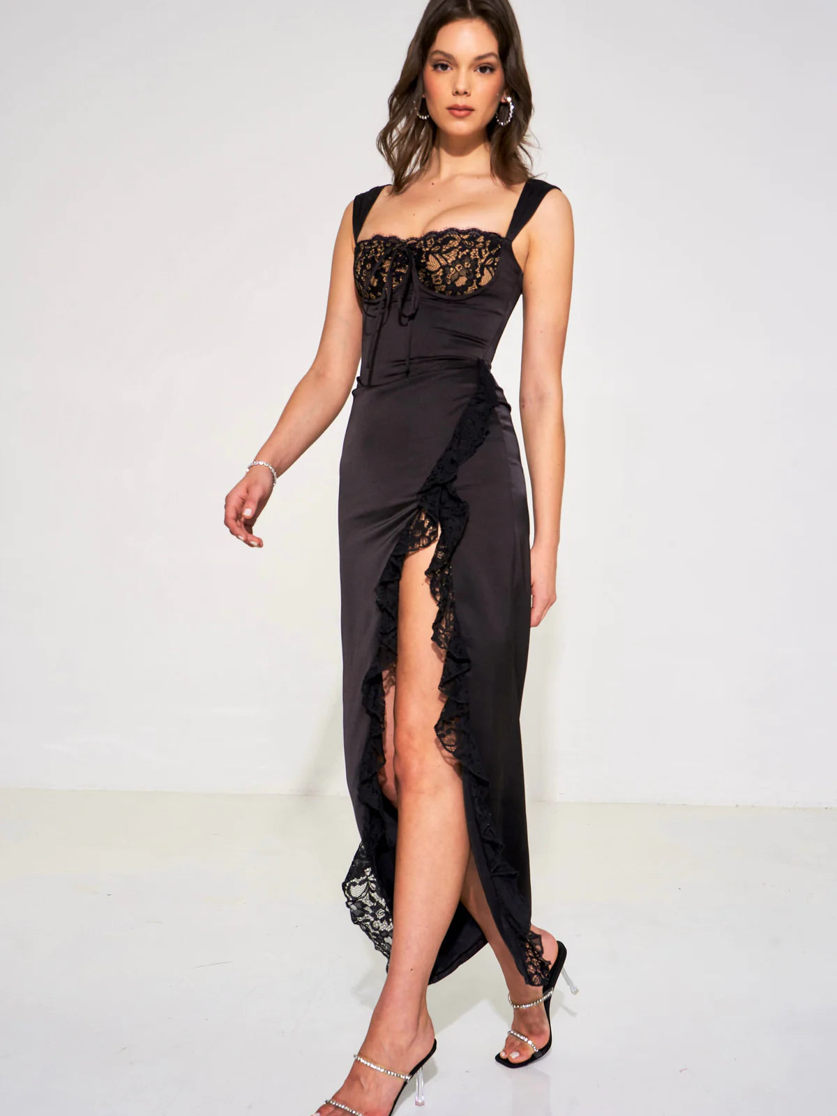 Black satin dress with lace best sale
