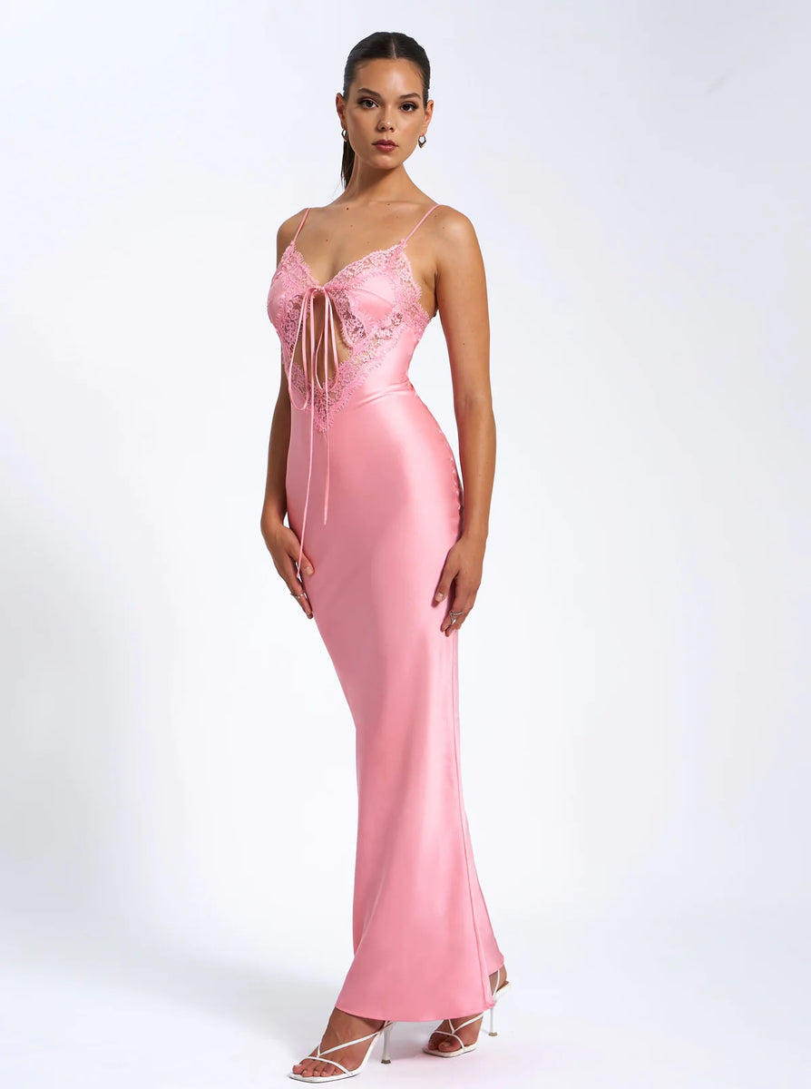 Zinnia Salmon Pink Satin Lace Maxi Dress – THE DRESSING ROOM