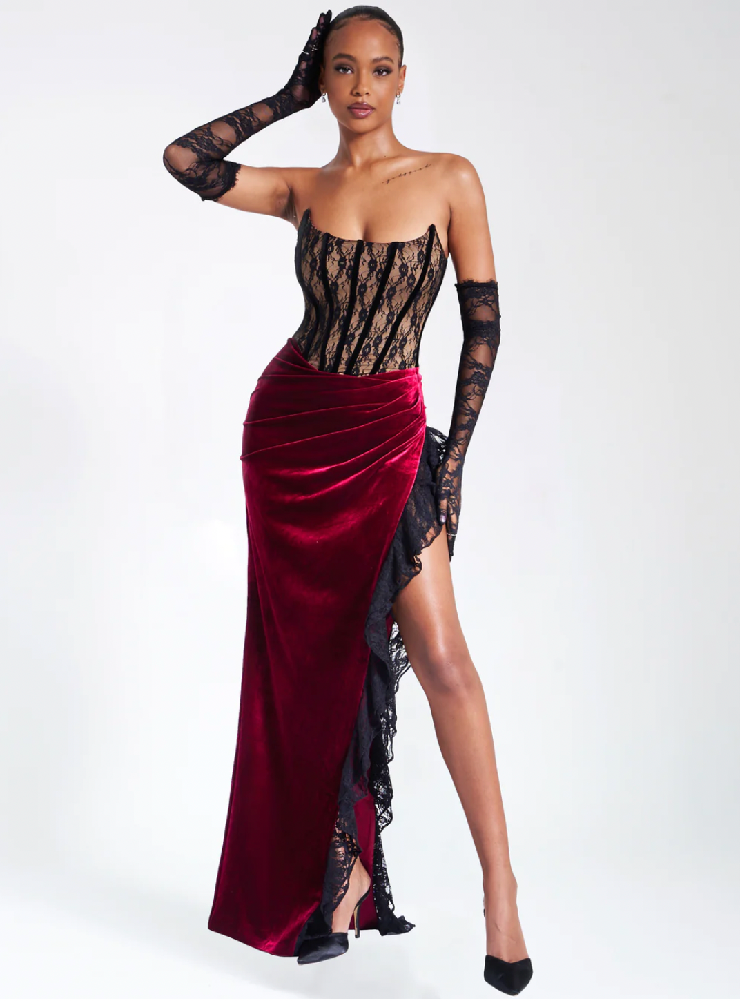 Gaia Burgundy Lace Velvet Corset Side Slit Dress – THE DRESSING ROOM