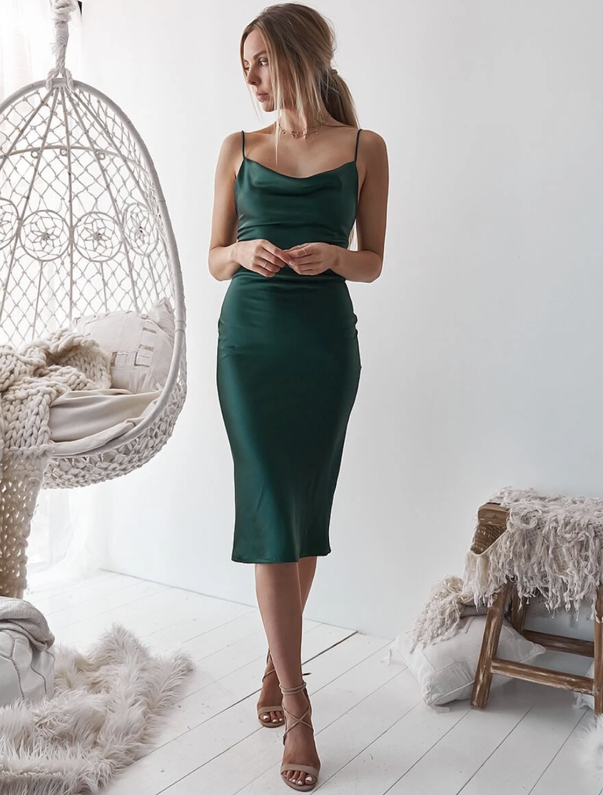 Aspen Midi Dress - Emerald Green Satin Slip Dress