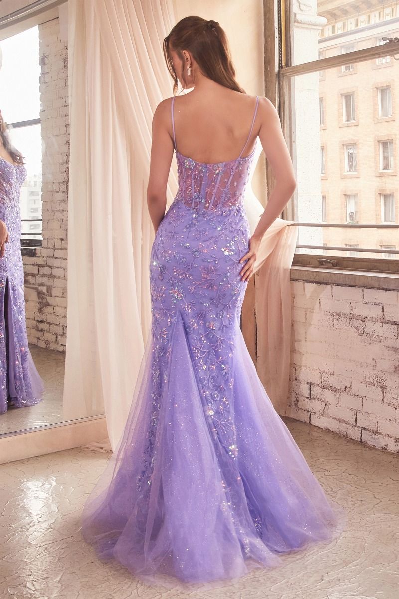 ladivine cd868 sheer corset high slit dress Long Sweetheart Prom Dress with Sheer Corset -PromGirl Plum Noir / 10