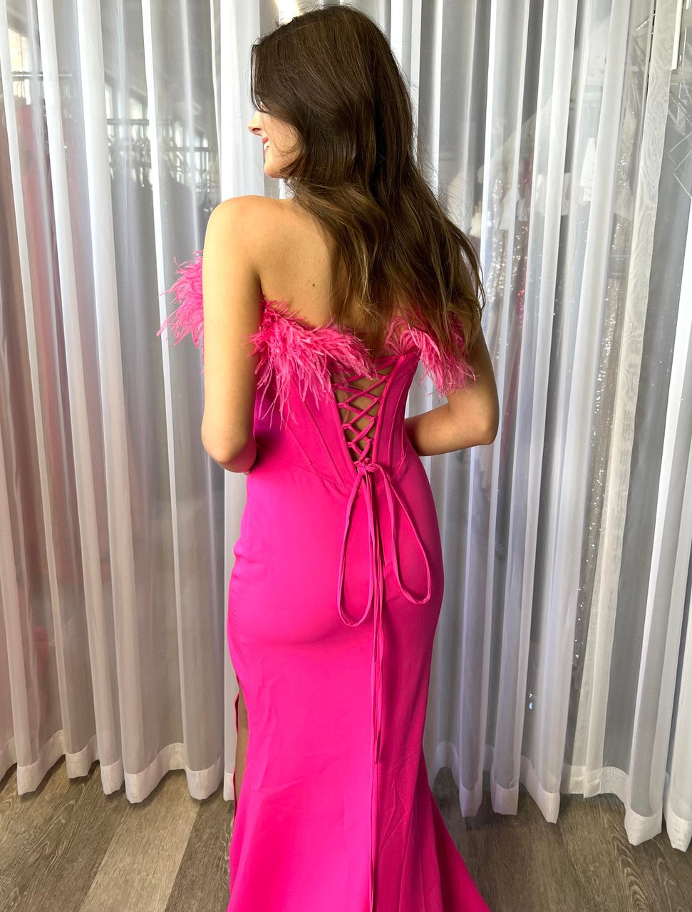 SLOANE CORSET GOWN - HOT PINK FEATHER, VELVI