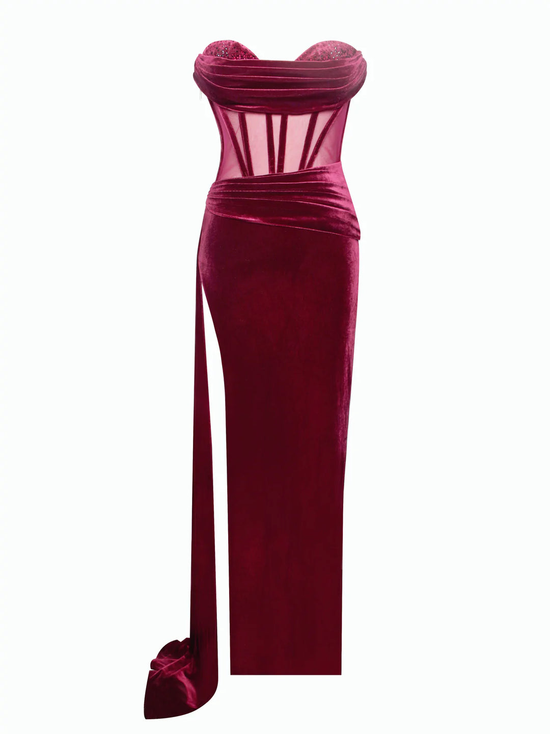 SALE - Octavia Burgundy Draping Crystal Corset High Slit Velvet Gown  THE  DRESSING ROOM