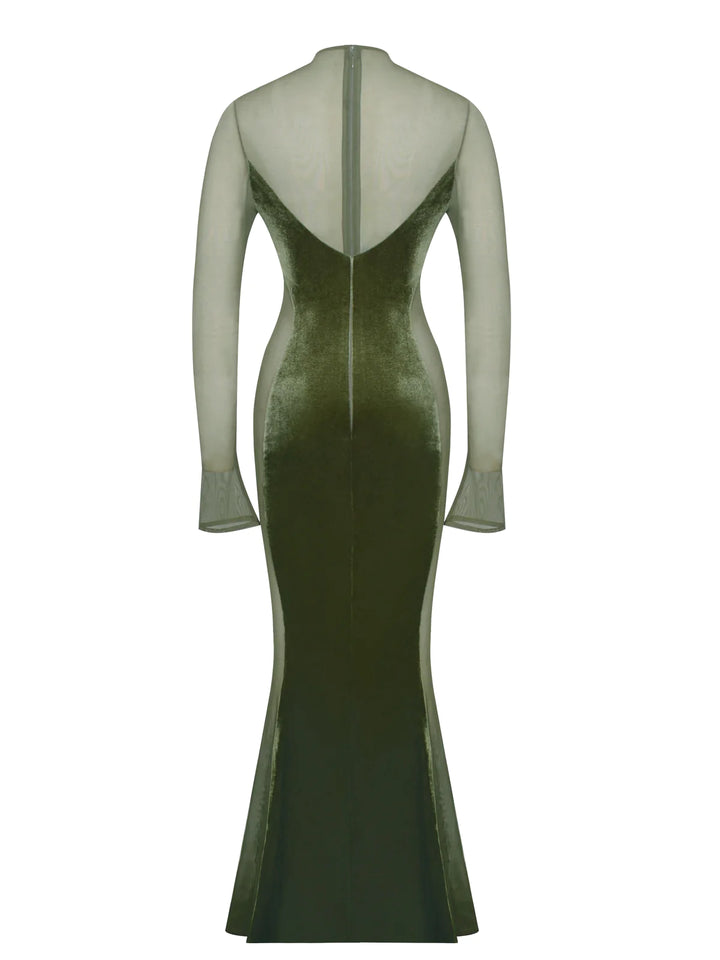 SALE - Paislee Olive Green Velvet Mesh Long Sleeve Gown THE DRESSING ROOM SALE - Paislee Olive Green Velvet Mesh Long Sleeve Gown THE DRESSING ROOM