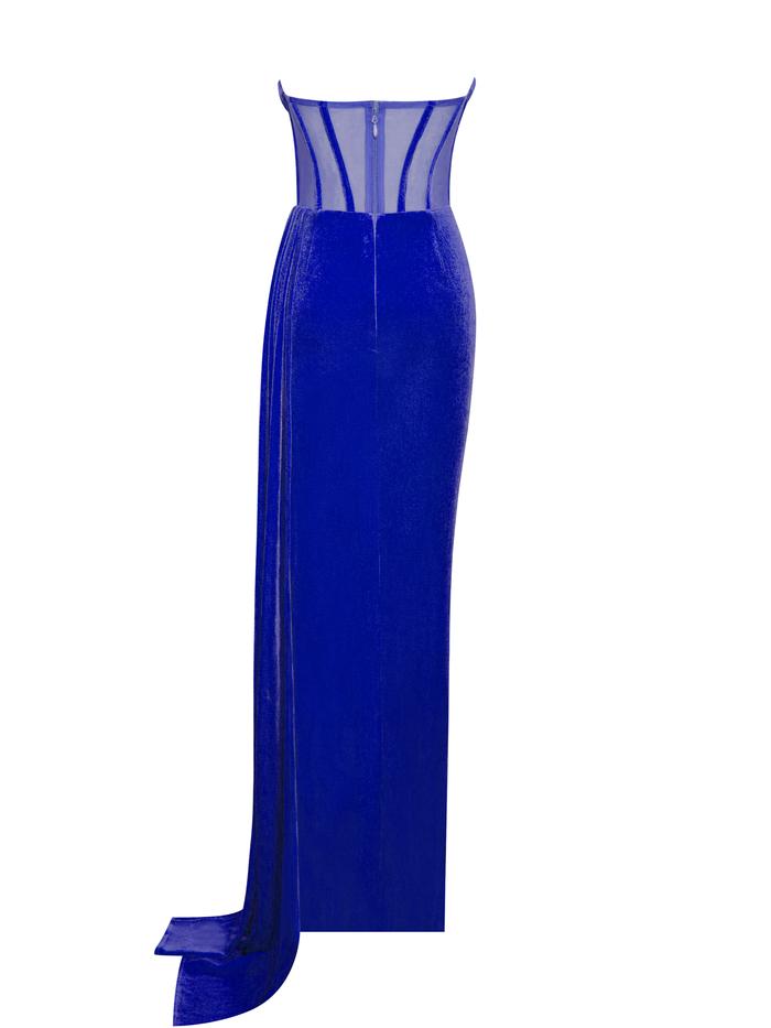 Priya Royal Blue Draping Corset High Slit Velvet Gown – THE DRESSING ROOM