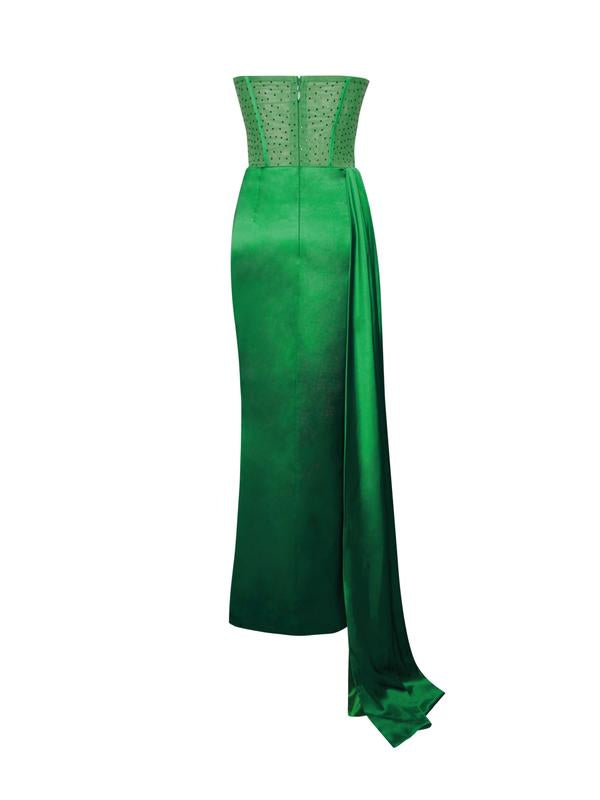 Holly Crystallized Corset High Slit Satin Gown - Green – THE DRESSING ROOM