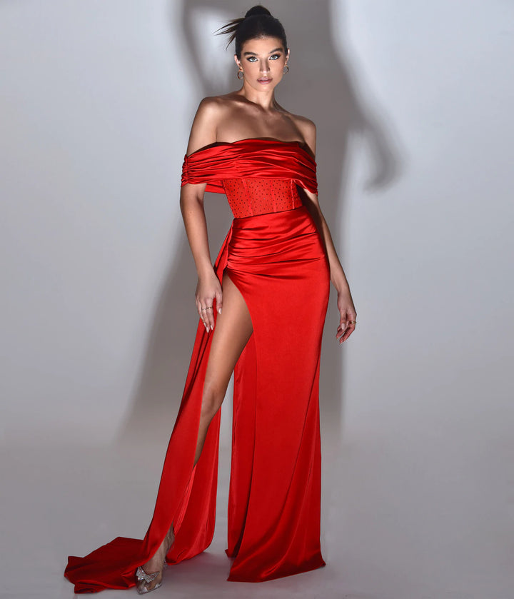red off the shoulder corset dress SALE